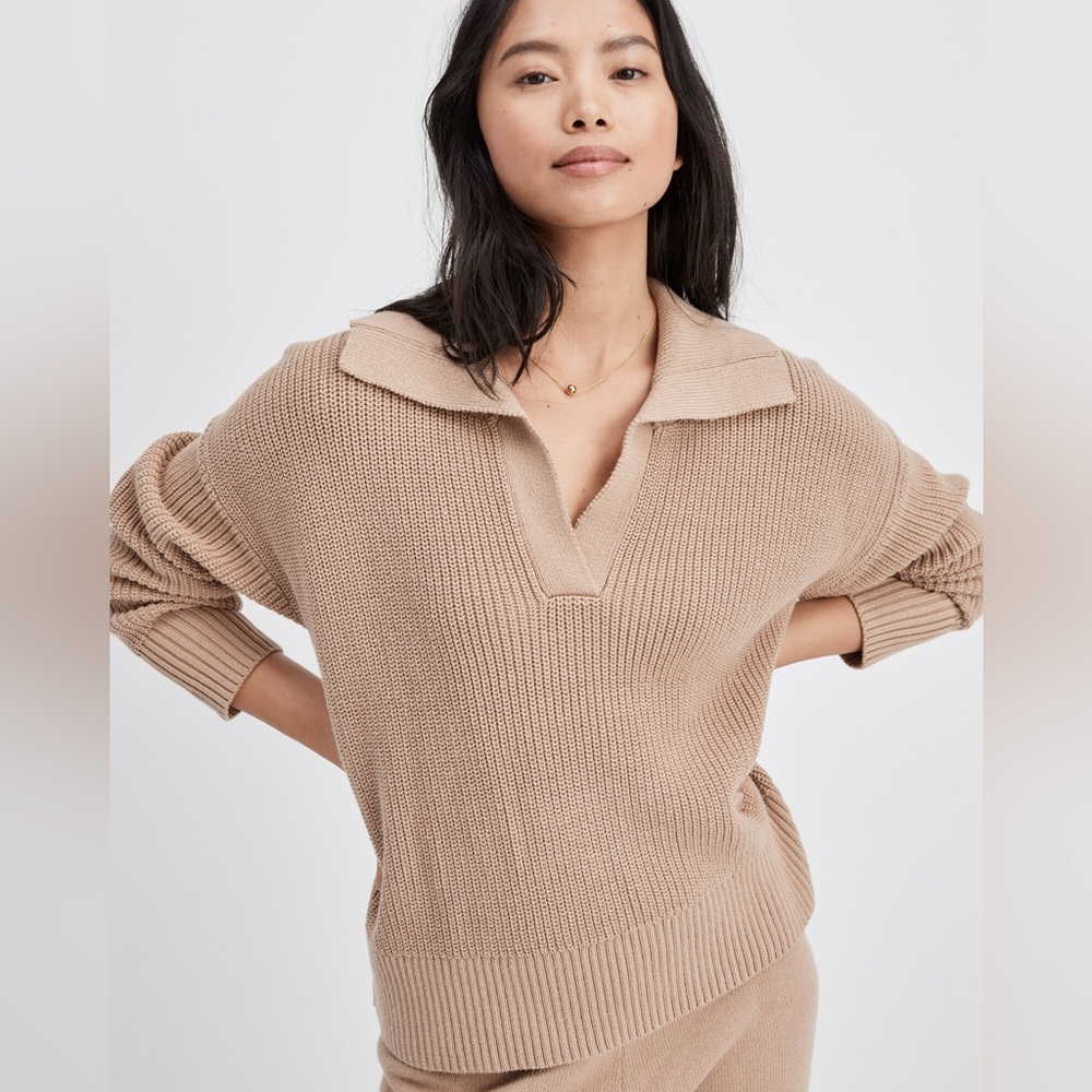 Haven Well Within, Size XS, Organic Cotton Polo Sweater, Tan, Brown